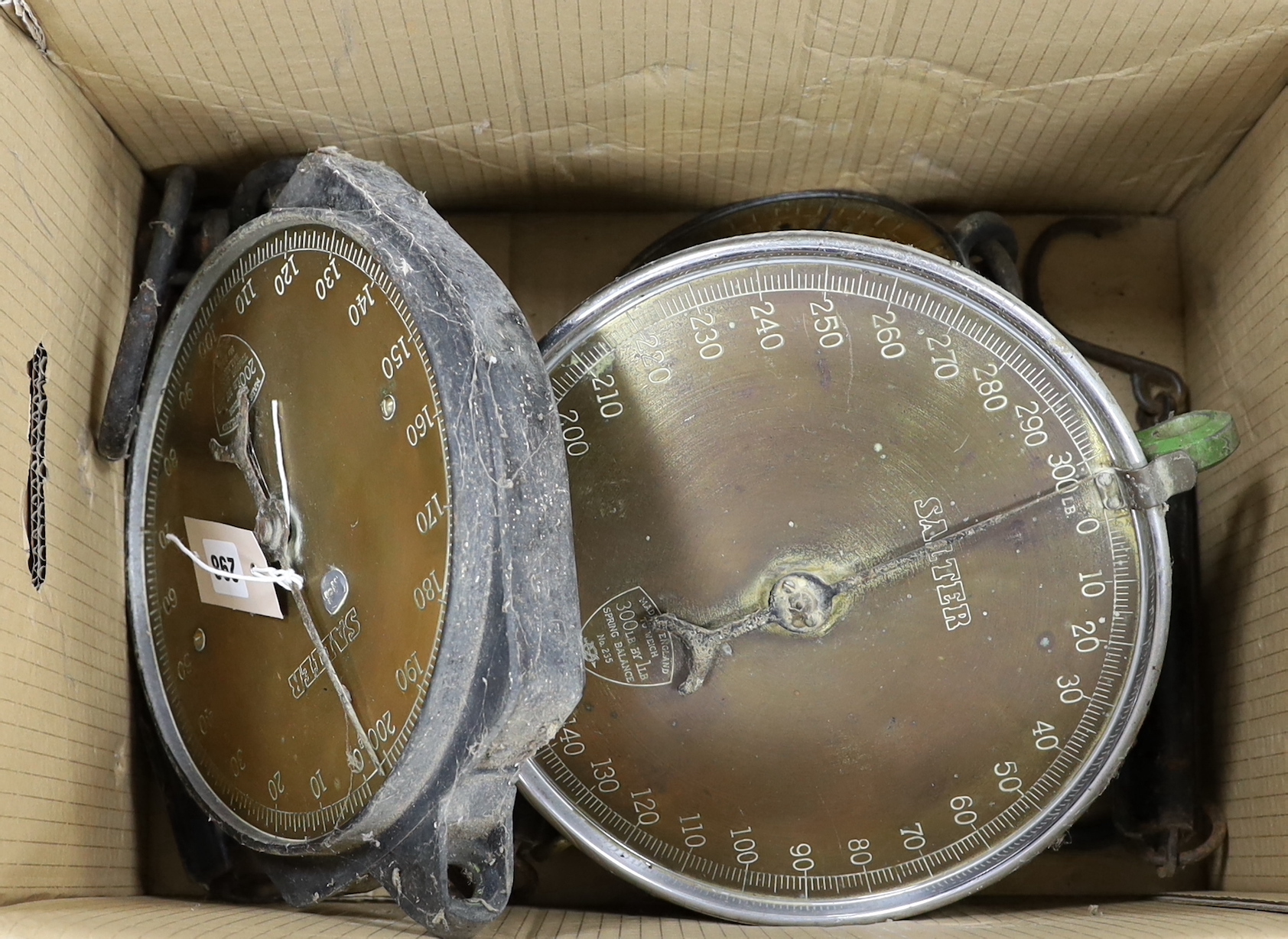 Thirteen late 19th/early 20th century weighing scales by Salter, Pooley, etc. including four with brass dials for heavier weights and nine pocket examples, largest 27.5cm diameter